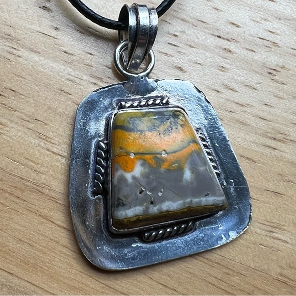 New Bumble Bee Jasper Stone Silver Overlay Pendant Necklace w Cord Bumblebee - Picture 1 of 6
